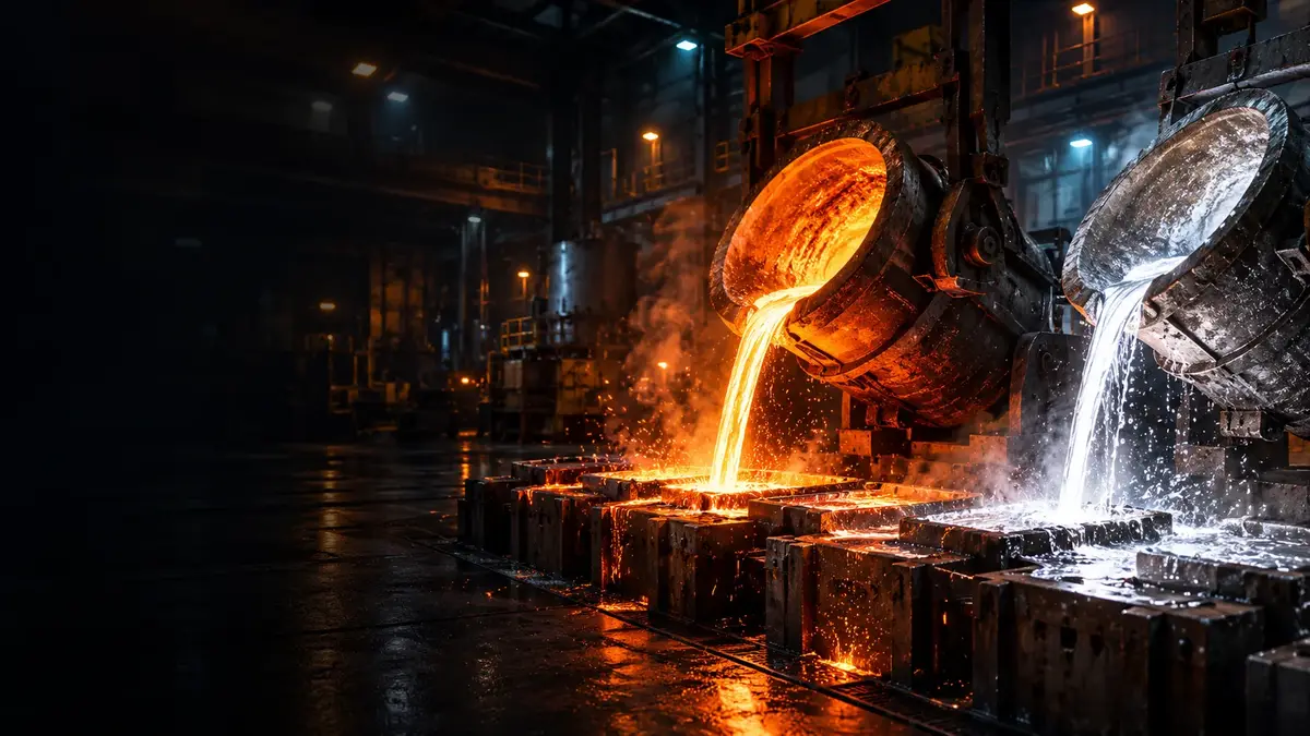 Molten copper and aluminium being poured in a foundry